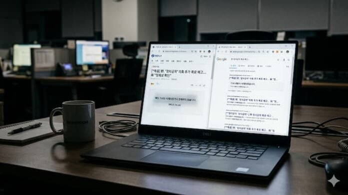 삭제된 기사 흔적이 남아 있는 뉴스 사이트 화면과 검색 결과를 보여주는 노트북 이미지