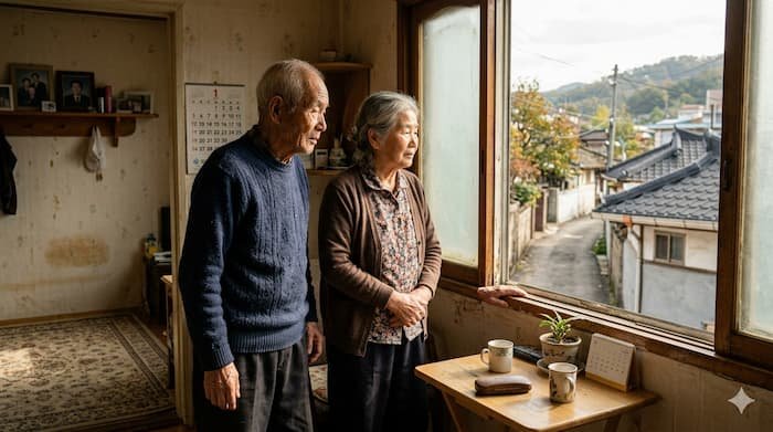 창가에 나란히 서서 바깥 풍경을 바라보는 한국의 고령 부부 모습