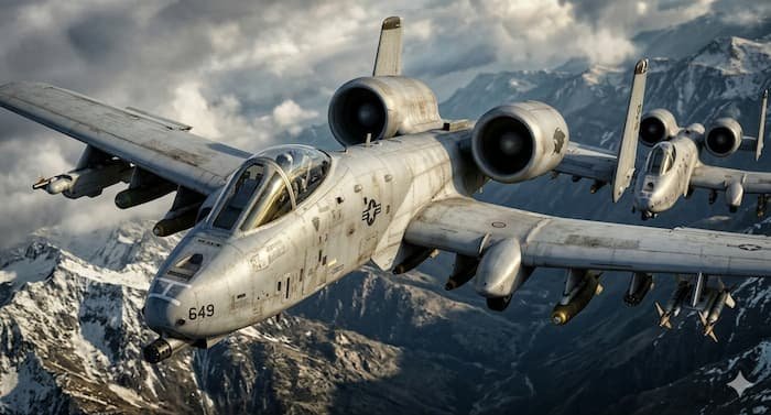 A-10 공격기 저공 비행 장면, 미군 근접항공지원 전투기