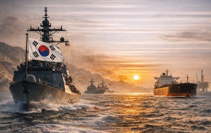 호르무즈 해협 석양 아래 한국 군함과 유조선, 해양 시설이 함께 배치된 상징적 이미지